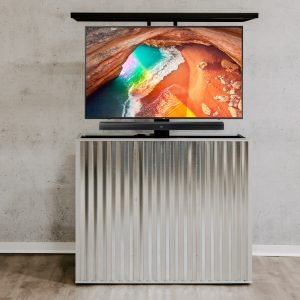 An outdoor hidden TV lift cabinet, in galvanized steel for an industrial look to your outdoor living space.