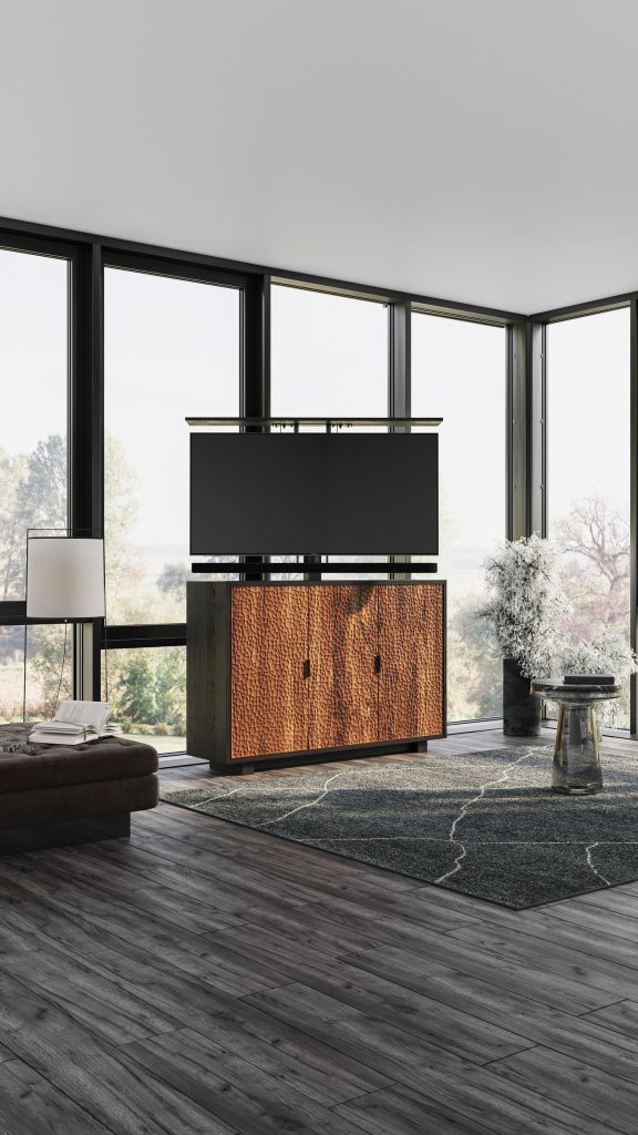View of VON indoor hidden TV lift cabinet open with soundbar mount, amazing wood doors in Japanese inspired technique, shown in a modern living space. Hide your TV in furniture does not hide your view.