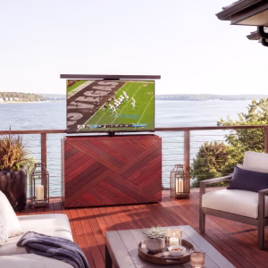 OUTDOOR HIDDEN TV LIFT CABINET | NATURAL DIAMOND IPE | UP TO 48″ TV