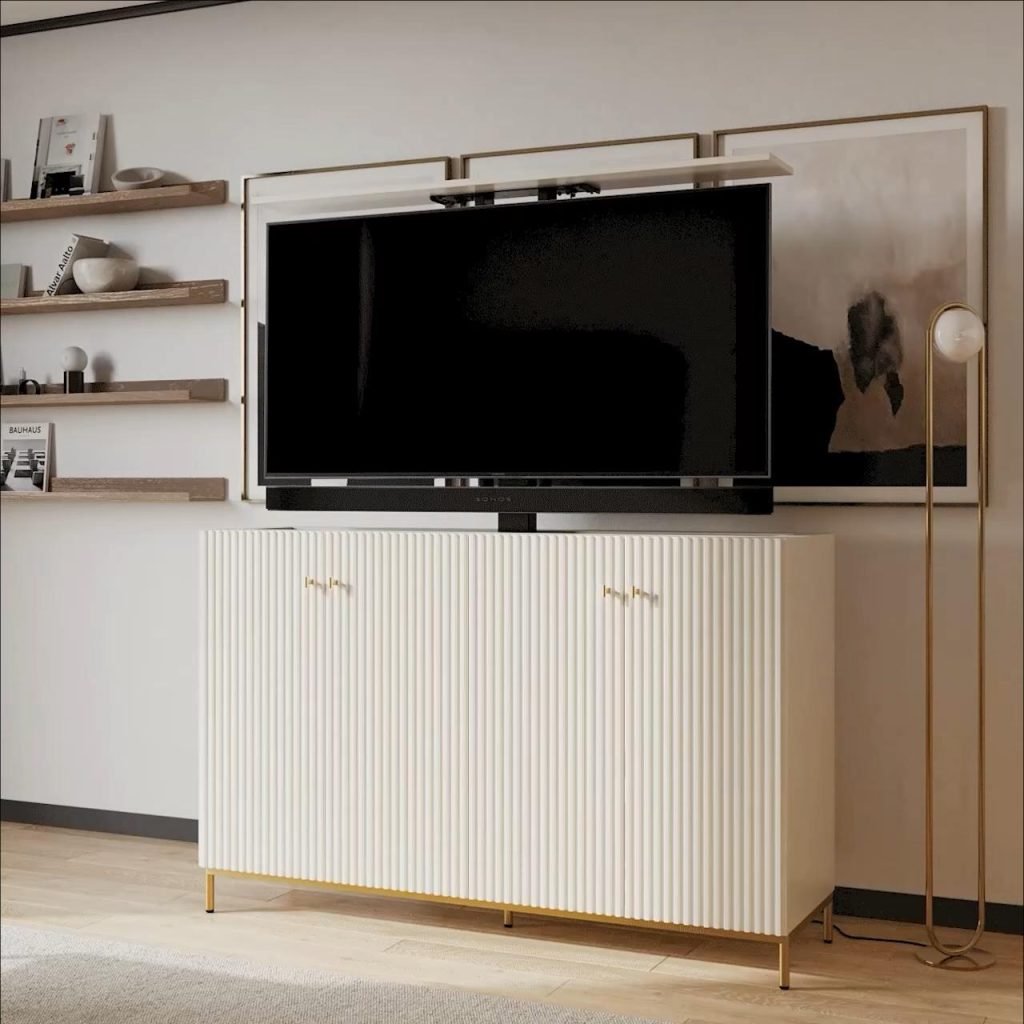 AVERY indoor hidden TV lift cabinet to hide your TV when not in use. Shown in a modern apartment with soundbar mount in Greek Villa.